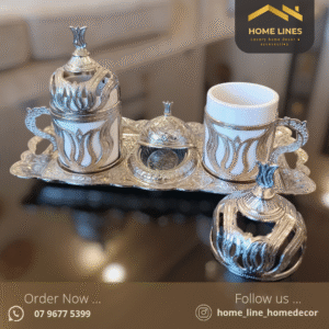 طقم فاخر لتقديم القهوة التركية والعربية – تصميم ملكي مزخرف باللون الفضي، صناعة يدوية